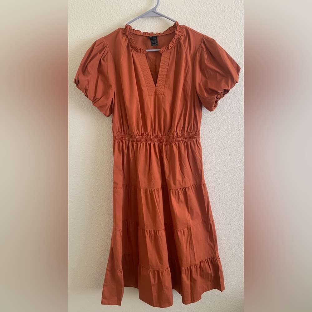 Tiered Puff-Sleeve Midi Dress in Rust